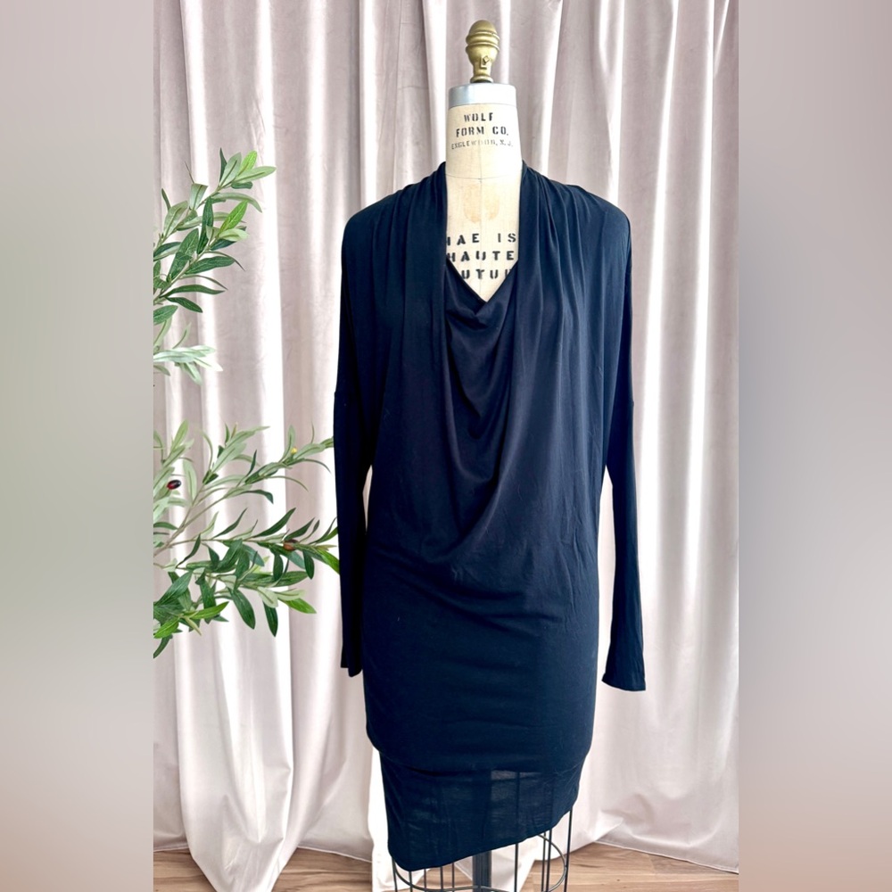 HELMUT LANG Black Draped Cowl Neck Long Sleeve Asymmetrical hem Dress